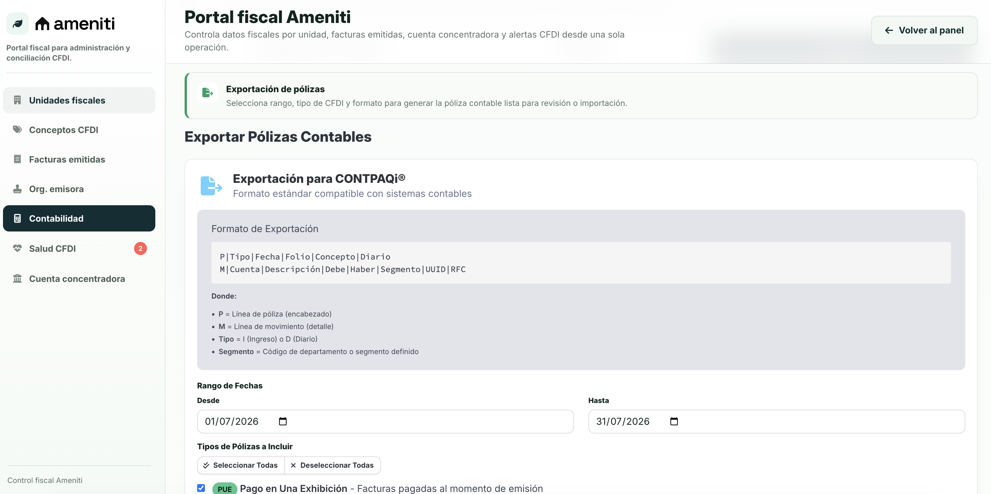 Exportación contable desde Ameniti