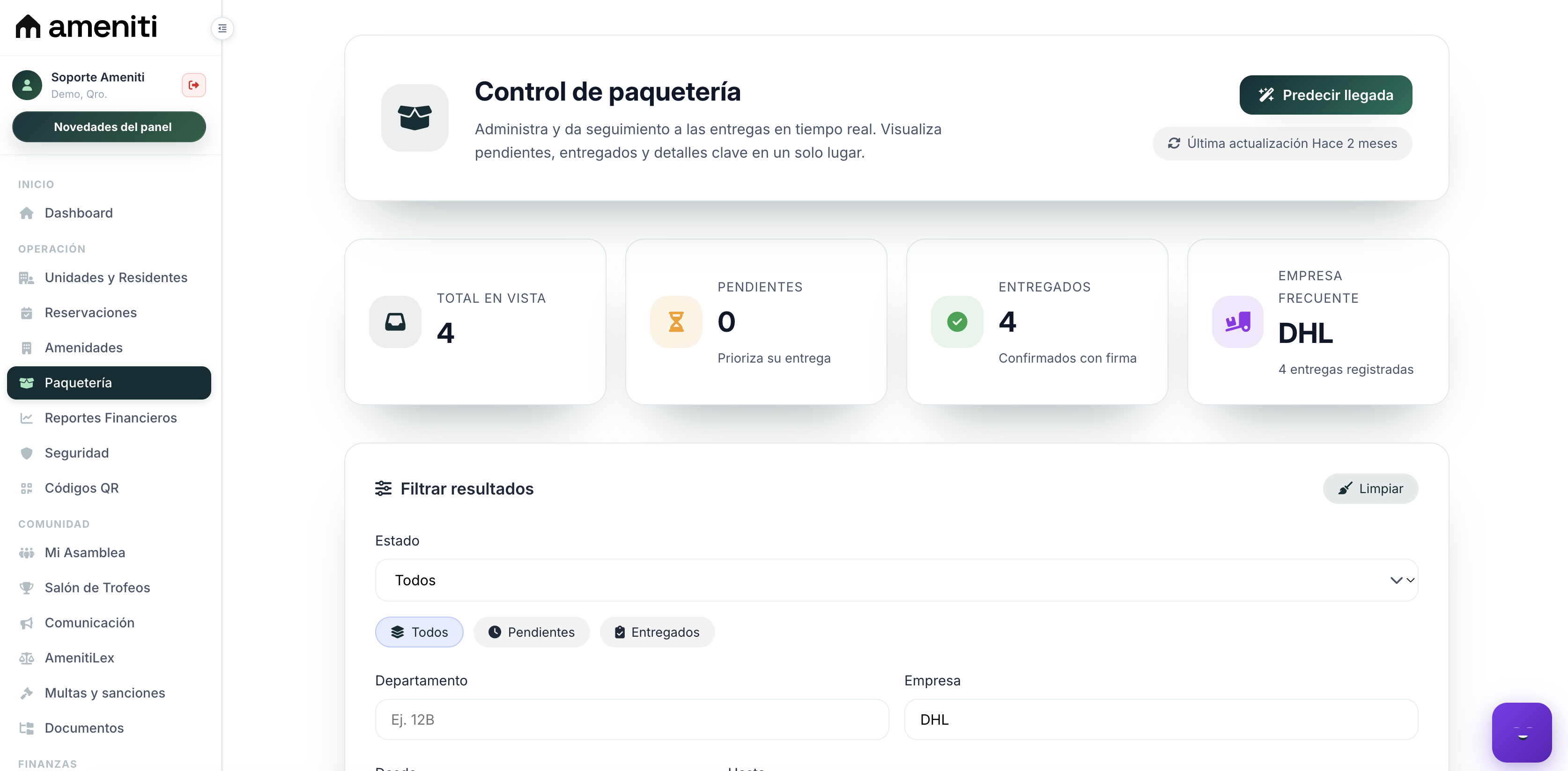 Inventario de paquetes pendientes en Ameniti