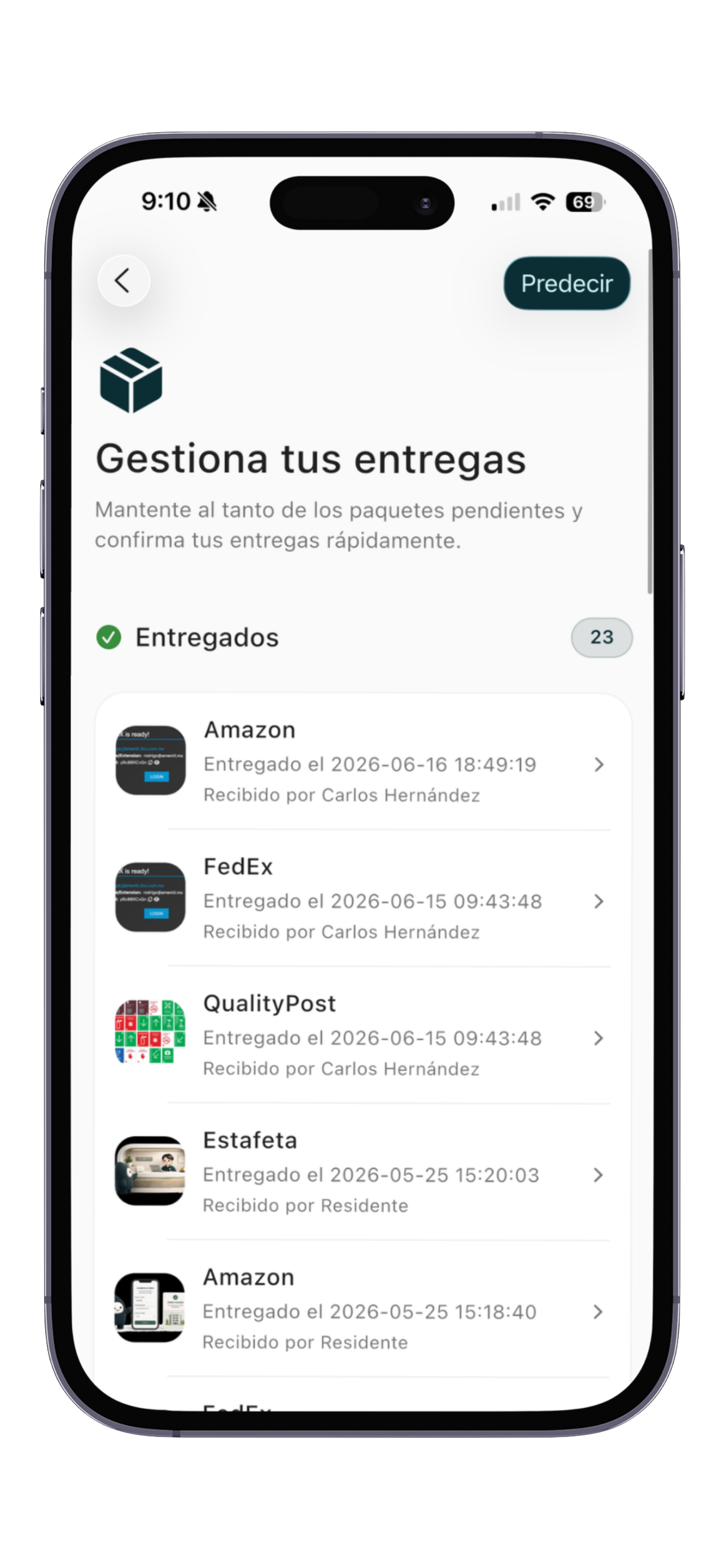 Historial de entregas de paquetería en Ameniti