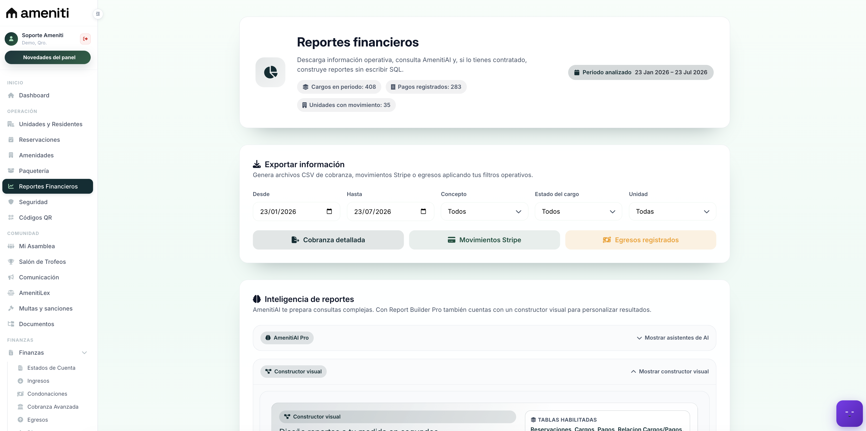 Reportes financieros de Ameniti con filtros y exportación de información