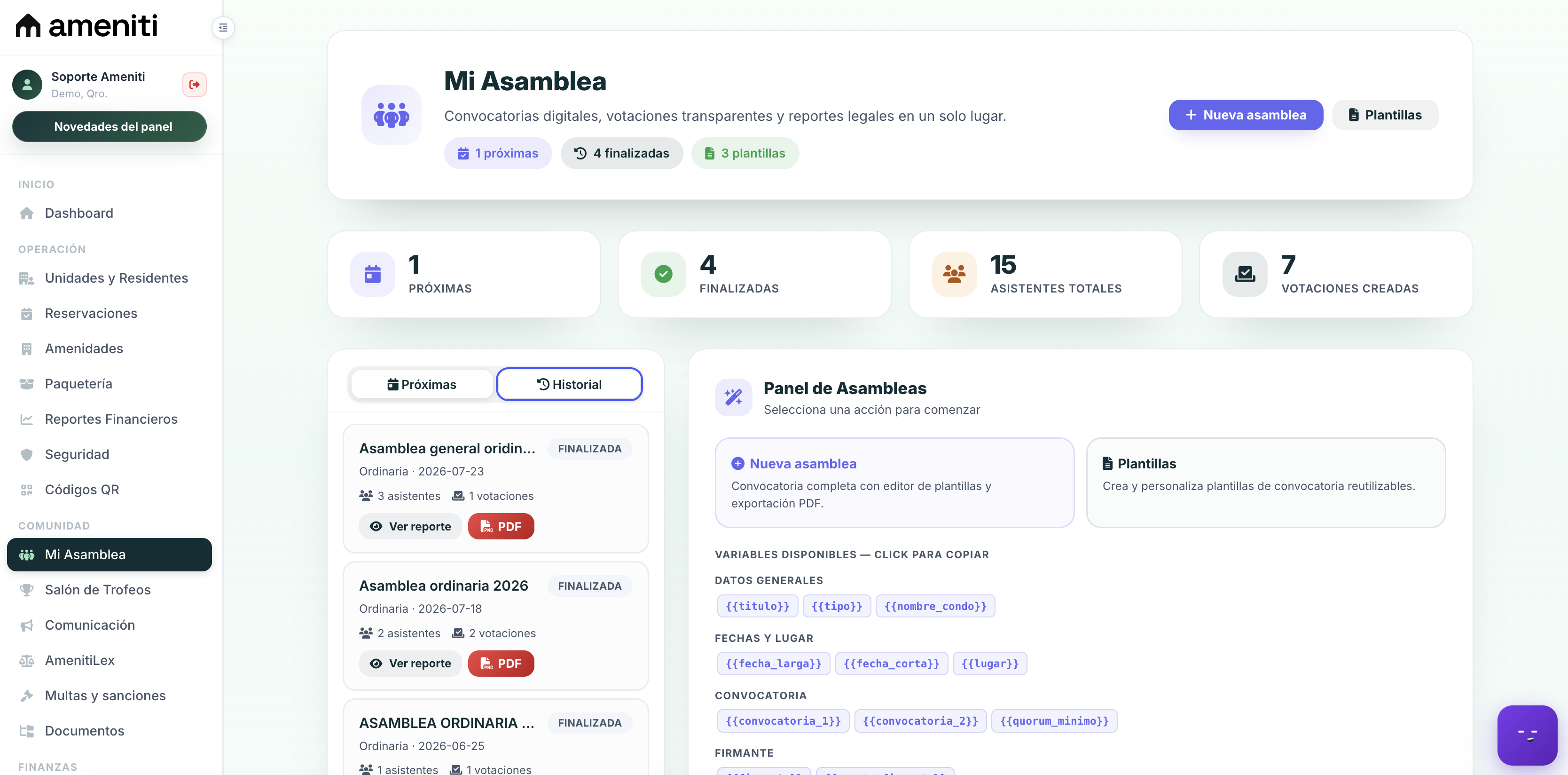 Panel de resultados de una asamblea en Ameniti